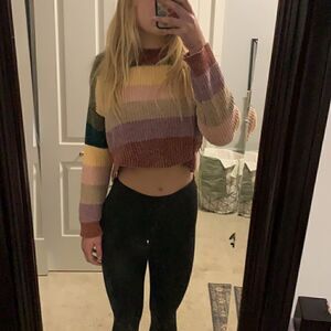 Luv Lane Striped Velvet Cropped Scalloped Hem Chenille Fall Sweater Small